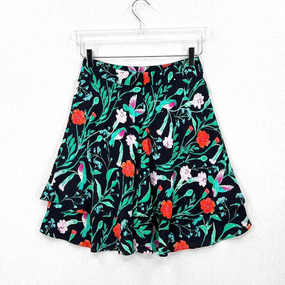 KATE SPADE Mini Skirt Women 2 Black Floral Jardin Scenic Route Tiered Ruffle - Picture 4 of 15